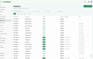 FieldSpoke invoice list with draft, sent and paid status filters.