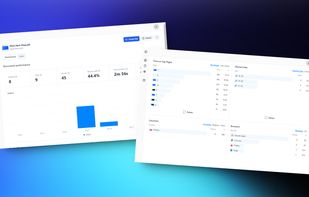 Analytics dashboard showing document performance metrics for a pitch deck PDF. Displays visitor count, views, bounce rate, and visit duration. Includes time on top pages chart and browser usage breakdown. Blue and white interface on gradient blue background.