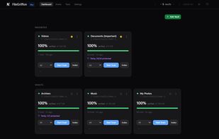 Vaults you check often can be pinned to the top. Each card shows verified percentage, file count and parity coverage.