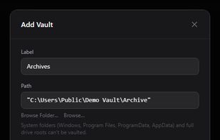 Adding a vault: point it at a folder, choose manual or scheduled scanning, and optionally generate PAR2 parity data for repairs.