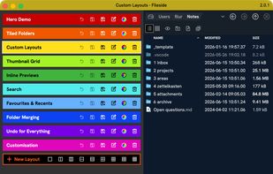 The expanded bar of colour-coded saved layouts.
