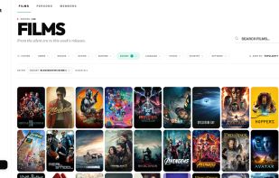 Film archive grid with search, filters, sort options, and poster view.