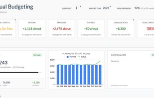 Plan your entire year on one page. Track income, expenses, and savings goals month by month.
