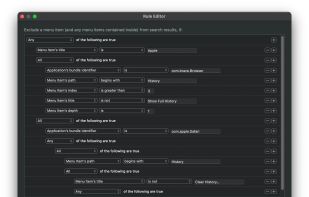 Powerful Rule Editor: Create incredibly intricate rules using the Mac's tried and true rule editing interface, and never see an irrelevant menu item again.
