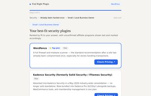 Matched plugin results with top pick, best free option, and transparent affiliate disclosure.