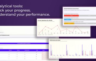 FindExams analytical tools illustrating domain-based performance charts, exam history records, score distribution, and progress tracking visuals.