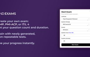FindExams exam creation screen showing custom exam setup for PMP with selectable question count, duration, and domain options.