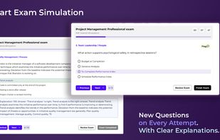 FindExams exam interface showing a PMP practice question with multiple-choice answers, timer, navigation controls, and detailed explanation panel.