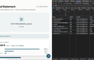 Import a statement, watch your own network tab: 9 requests, one domain, nothing uploaded.