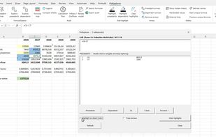 Tracing a formula on a DCF sheet: the panel lists both precedents of the selected cell with their live values, and a double-click keeps tracing up the chain.