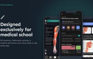 Finito Medicine home screen with quick access to chat, the medical dictionary, flashcards and the 3D anatomy atlas, built for medical students.