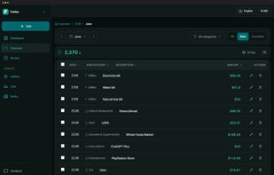 Transactions imported from a bank statement file, with tags and bulk editing.