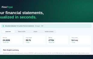 FinnTryxi's Overview dashboard, showing a company's key financial figures — revenue, margins, and core ratios — visualized instantly from uploaded financial statements. Built for SME owners, directors, accountants and consultants who need clear financial insight without manual spreadsheet work.