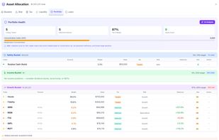 Asset management: inspect allocation, portfolio concentration, retirement buckets, risk, tax treatment and liquidity. Supporter Access beta tool.
