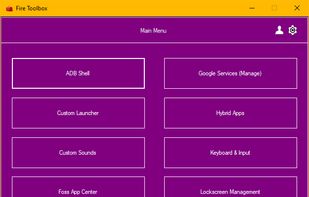 Fire toolbox control panel showing 10 buttons. The buttons read: ADB Shell, Custom Launcher, Custom Sounds, Foss App Center, Google Assistant, Google Services (Manage), Hybrid Apps, Keyboard & Input, Lockscreen Management, Manage Amazon Apps