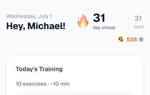 Open the app and your workout's already waiting — a fresh 10-minute session built around your body and goals, every single day. Tick it off, feed the streak, repeat.