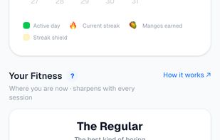 fitn3s reads your real workout data and scores every muscle group on a 1–40 scale, so "getting fitter" becomes something you can watch happen — with confidence levels and month-over-month trends to back it up.