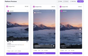 Preview your content across multiple formats instantly — Post, Story, and Reel layouts in one screen. Test safe zones, captions, elements, and export in the correct sizes with a single click.