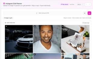 Visualize your Instagram feed before posting. Upload 3–9 photos, drag to rearrange, adjust crops, and build a perfect aesthetic grid with real-time grid health indicators.