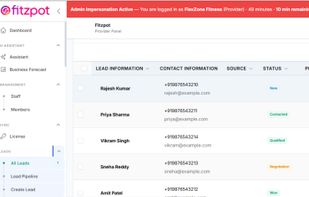 This t lists all active leads with columns for Lead Information, Contact Details, Source, and Status. Each lead is tagged by stage — New, Contacted, Qualified, Negotiation, or Won — enabling streamlined tracking of client progress. The sidebar navigation highlights modules for AI Assistant, Staff, Members, and Lead Pipeline, reflecting a structured CRM workflow for fitness providers.