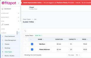 This screen shows the Class Types list, including Mat Burn and Pilates Reformer, with details on Duration, Capacity, and Price. It enables easy configuration of class offerings, ensuring consistency across scheduling and pricing modules.