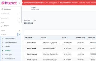 This view lists all Class Bookings with details such as Member Name, Class Type, Date, Start Time, and Amount Paid. It provides a transparent record of scheduled sessions and revenue per booking, helping providers manage attendance and payments seamlessly.