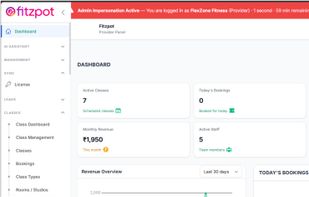 The Provider Dashboard summarizes operational highlights: Active Classes, Today’s Bookings, Monthly Revenue, and Active Staff. A Revenue Overview Graph visualizes earnings trends over the last 30 days. This snapshot gives fitness centers a quick pulse on business performance and team activity.