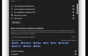 Privacy settings. Excluded apps never reach the recorder; password managers and streaming services are excluded by default.