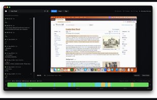 The timeline: matches down the left, the recovered frame full size, and a colour-coded bar showing which app was in front, minute by minute.