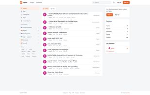 Home page: categories and tags on the left, flat topic list in the middle, statistics on the right