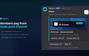 Price card in Discord: members pick a plan and pay from the channel, and the card updates when you change a price