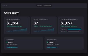 The seller dashboard: revenue, subscribers and what's collected this month, beside live payment and Discord-role status. The Stripe link opens your own account.