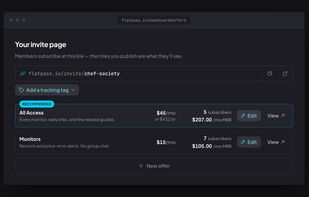 Publishing a role: monthly and annual pricing, subscribers and MRR per offer, and your invite link with an optional tracking tag.