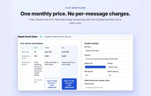 Free, Starter and Full plans: flat monthly price, no per-message charges.