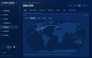 Interactive route map and travel analysis across airlines, airports, and ticket types.