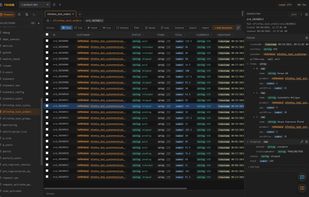 Table view with the document inspector — every Firestore type shown with a type badge, nested maps and arrays expanded inline