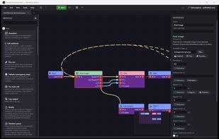 Node editor: modules on the left, flow canvas in the middle, properties on the right
