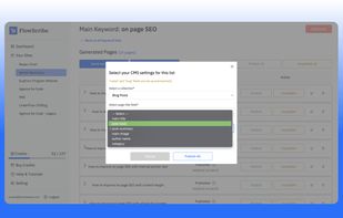 FlowScribe dashboard to generate content and publish pages to Webflow