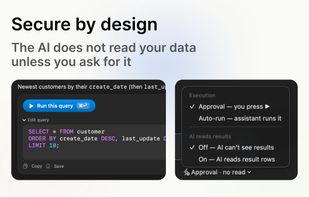 You control execution and data access: queries run on approval, and the AI only reads result rows if you turn it on.