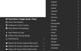 Tray menu: voices by language, privacy mode and quick actions