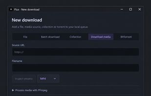 Media download setup — prepared English interface preview, including the complete lower controls, based on the actual application form.