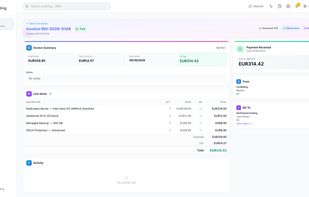 A paid invoice with subtotal, VAT at 21 percent, due date and total. Line items cover a dedicated server, an additional IPv4 /29 block, managed backup and DDoS protection, each with its own VAT treatment. Payment status, issuing entity and billing contact sit alongside.
