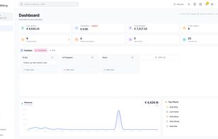 Admin dashboard showing revenue for the last 30 days, revenue this month, total revenue and total clients, alongside pending orders, pending cancellations, open tickets and total services. A Kanban board tracks internal work and a revenue chart sits next to a top clients list.