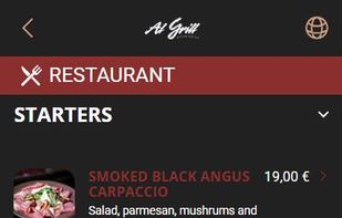 A venue's live menu on a phone: each dish with its own photo, price and description, translated for the guest.