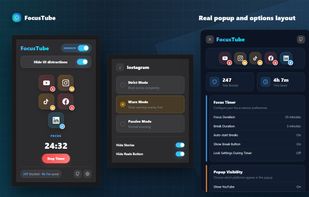 FocusTube popup and settings with controls for supported websites, blocking modes and focus timer options.