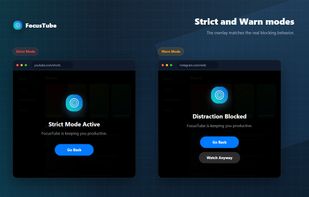 Strict Mode blocks distracting content completely, while Warn Mode gives you the option to continue.