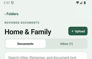 Folderling document archive with synthetic household records, dates, tags, search, and inbox status.