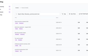 Folderling review screen with suggested title, dates, and tags waiting for confirmation.