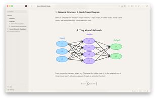 An Excalidraw drawing and LaTeX math rendered inside the document, both editable in place.