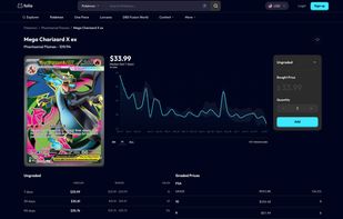 Card page with live price, full price history chart, and graded values by different grading companies.